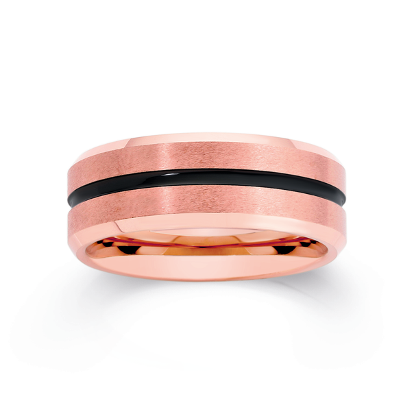 TUNGSTEN CARBIDE ROSE GOLD PLATE & BLACK CENTRE LINE RING